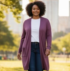 Croft & Barrow Open Front Cardigan Sweater Purple He 9ather Soft Knit Pocket XXL